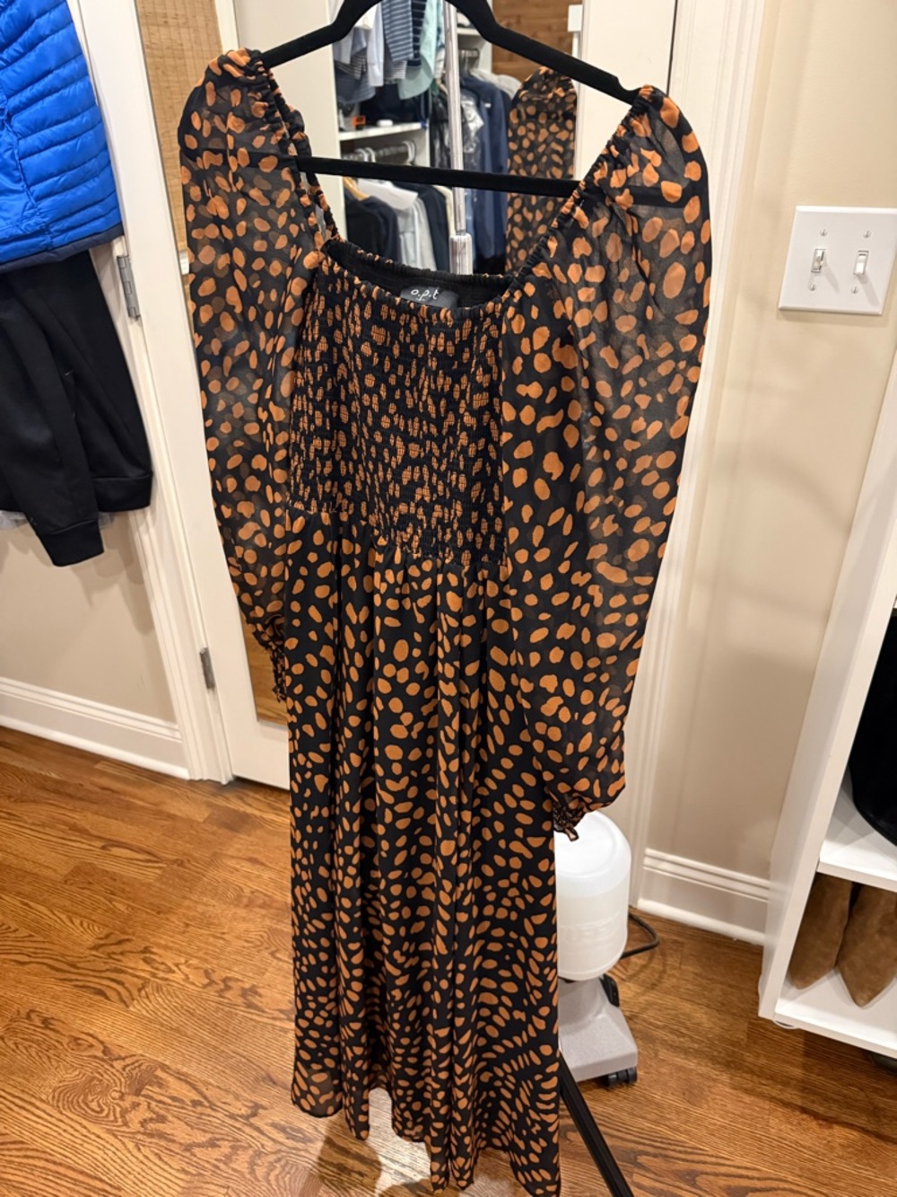 Black and Brown Polka Dot Long Sleeve Smocked Midi Dress